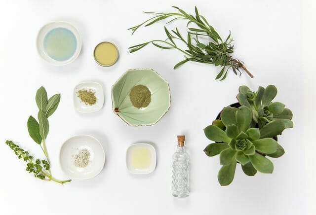  Frascos y cuencos con materias primas vegetales, junto a hierbas frescas